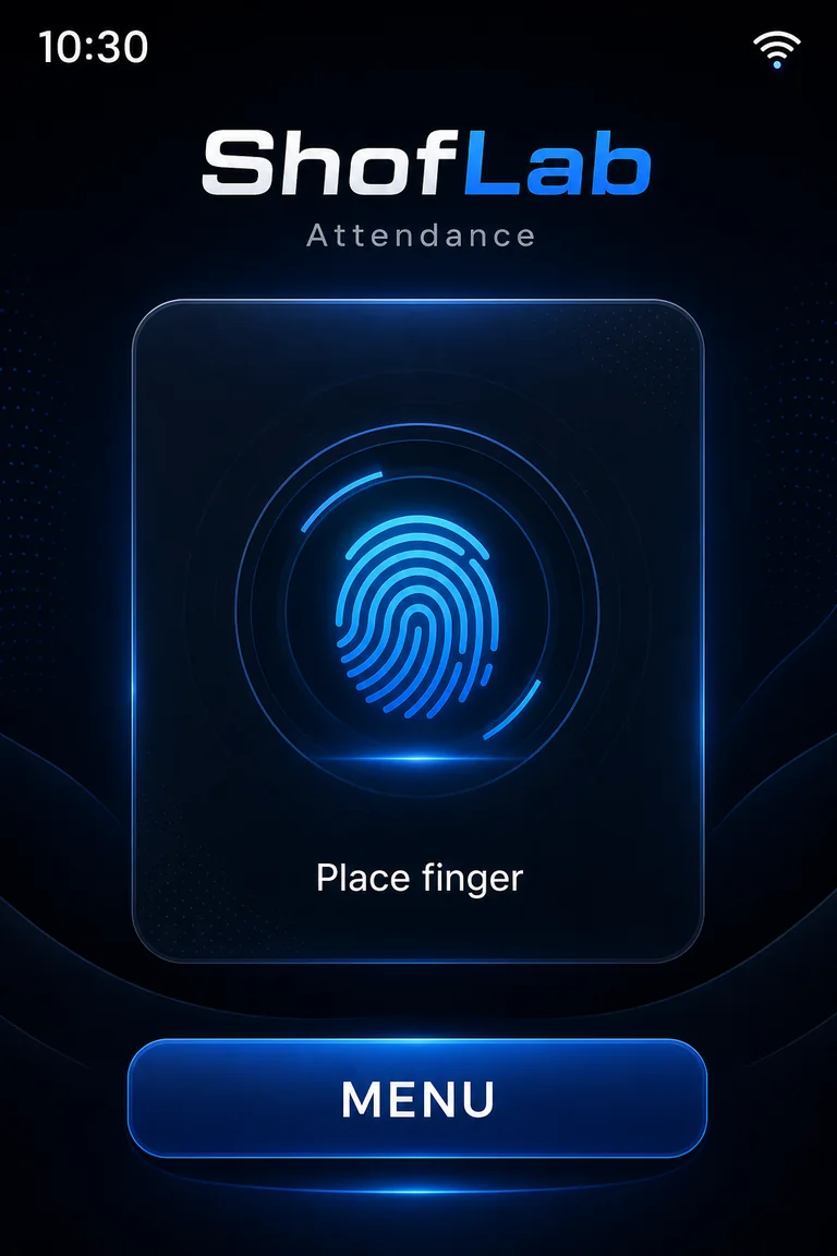 Original ShofLab Biometric prototype home screen showing the fingerprint prompt